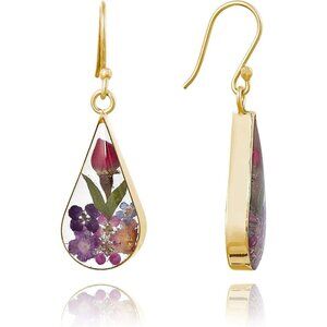 Women's Multi Sterling Pressed Dried Resin Flower Teardrop Shape Earrings
